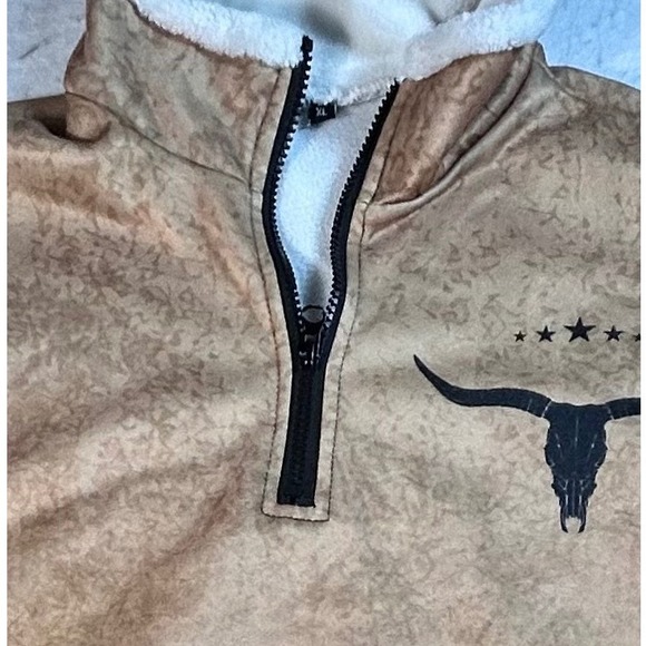 Other - Mens Western Longhorn Skull Quarter Zip Fleece Pullover Tan XL Kangaroo Pocket